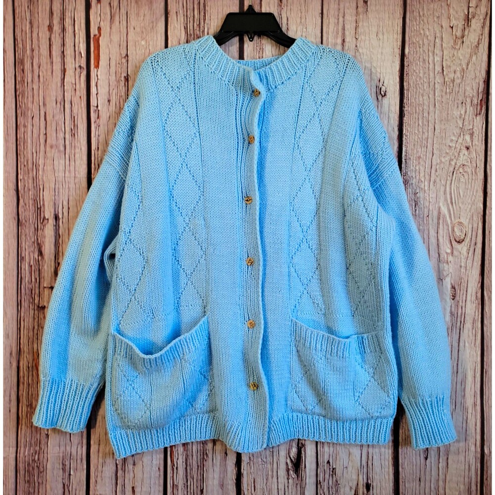 Blue Knit Cardigan Sweater Womens 2XL Acrylic Wool Button Pockets